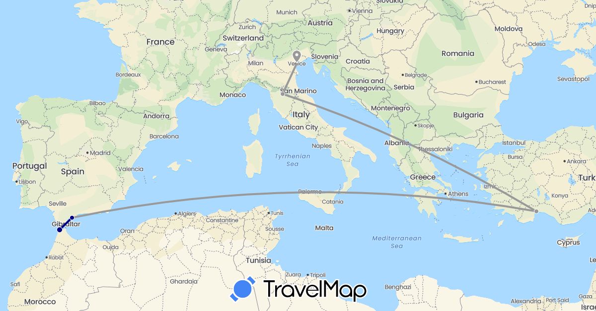 TravelMap itinerary: driving, plane in Spain, Italy, Morocco, Turkey (Africa, Asia, Europe)